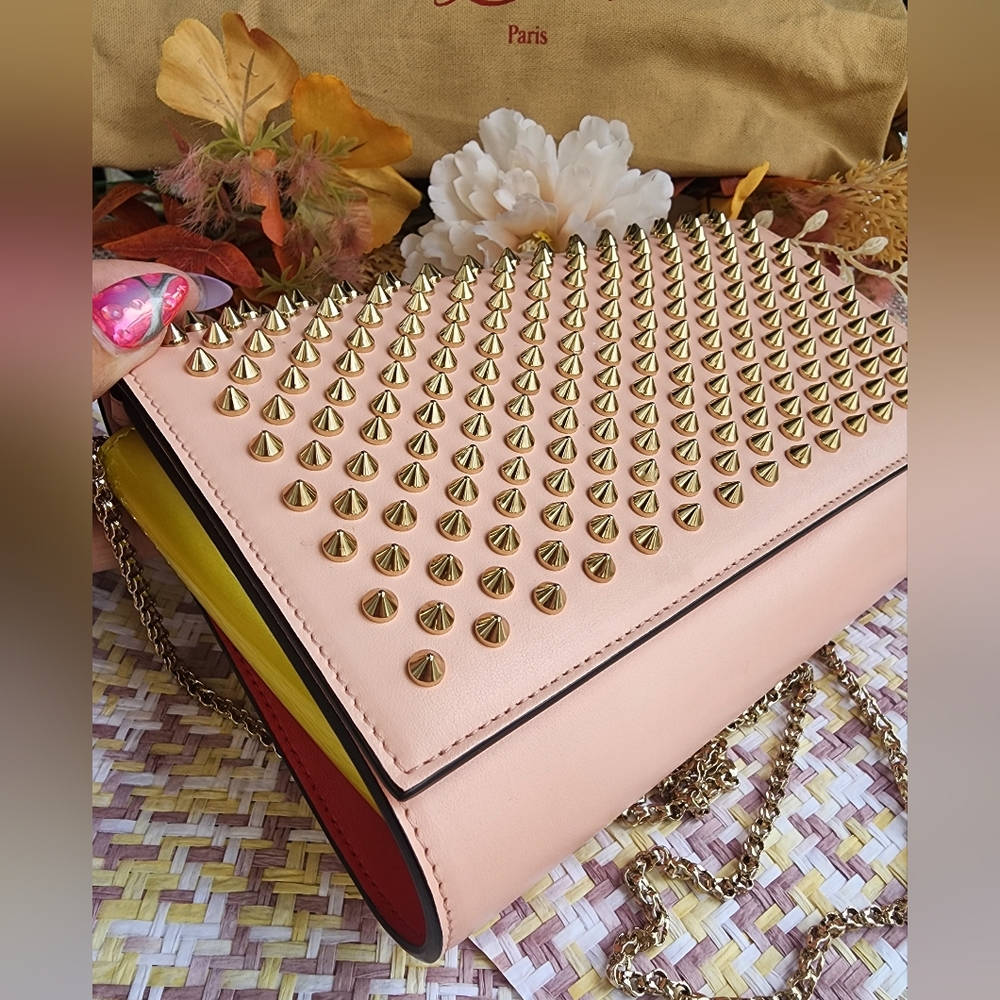 Authentic Christian Louboutin Gold Studded Pink Clutch Or Shoulder Bag